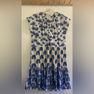 Zara Maxi Dress Lightweight Cotton Short Sleeve Tiered Blue Ivory Floral XXL